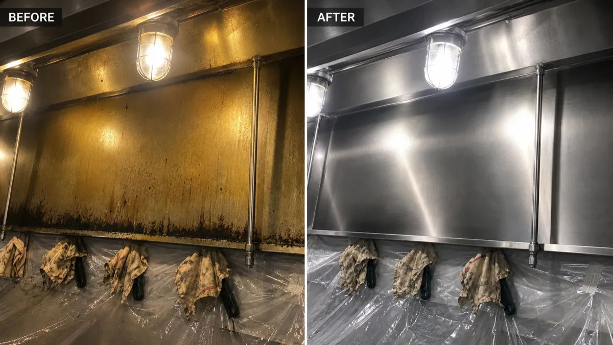 Representative before and after view of grease removed from a commercial hood plenum